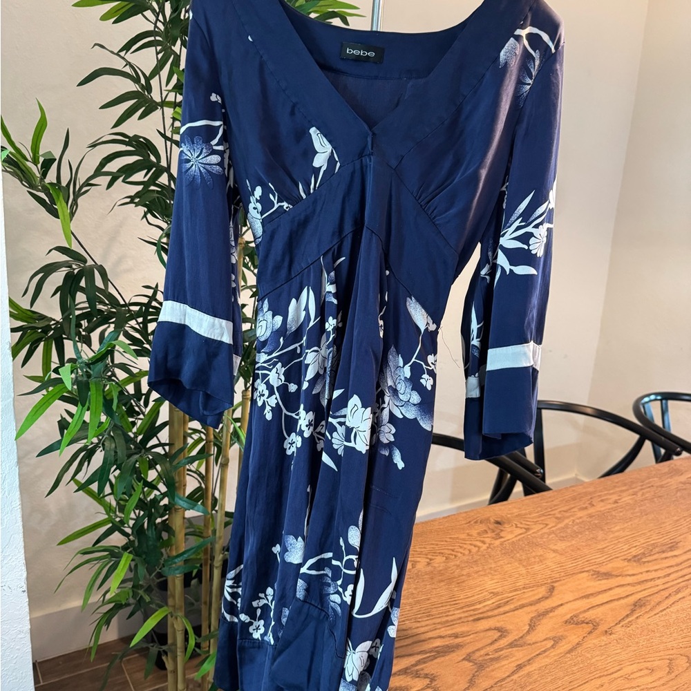 Bebe Navy Blue Floral Print Dress – Boho Chic Bell Sleeve Wrap Style (Size L)